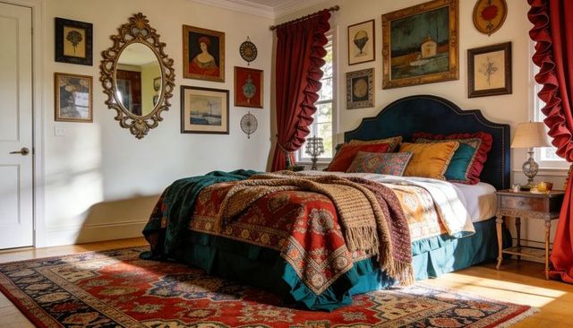 Bohemian vintage bedroom with tufted velvet headboard, layered patterned textiles and rug