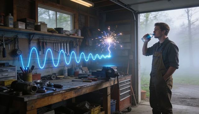 Man wearing coveralls drinking water watching blue energy waveform traveling across workshop bench