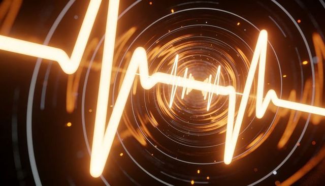 Glowing neon waveform traveling through concentric light tunnel with floating particles