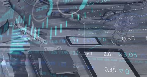 Financial data overlaying devices with travel accessories concept