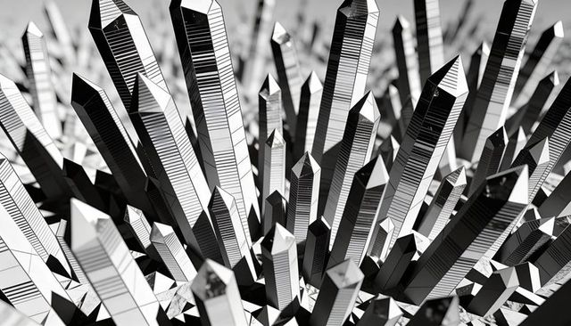 Rising faceted crystal prisms forming jagged metallic skyline with striped reflective facets