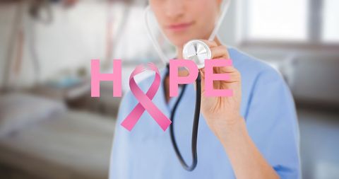 Doctor Shown with Breast Cancer Awareness Pink Ribbon and Hope Message