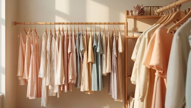 Sunlit pastel dresses and blouses hanging on wooden hangers in minimalist boutique wardrobe