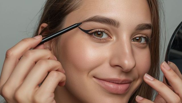 Applying dramatic winged eyeliner with pencil and handheld mirror closeup beauty portrait
