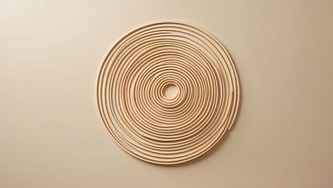 Beige concentric sandalwood rings wall sculpture in modern art gallery