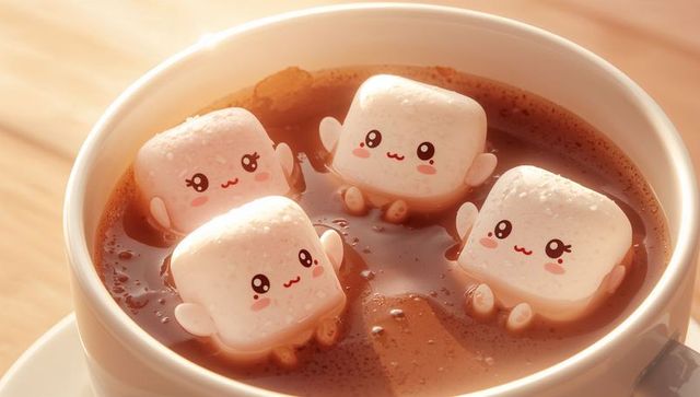 Kawaii marshmallows bobbing in hot chocolate, cozy ceramic mug with warm glow