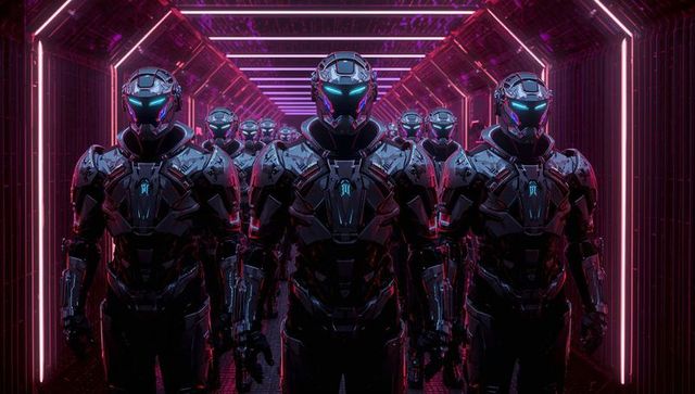 Futuristic Armored Squadron in Neon Lit Corridor with Glowing Visors