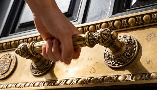 Hand grasping ornate brass door pull, carved rosettes, aged patina, architectural detail