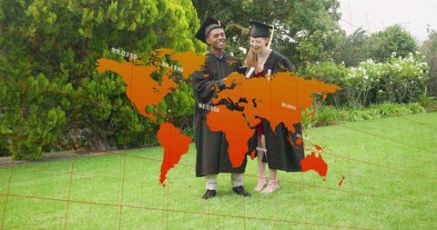 Smiling Graduates in Caps and Gowns Celebrating Diploma on Campus Lawn with Global Map Overlay
