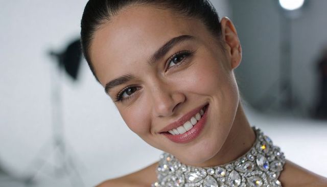 Closeup smiling model wearing crystal statement choker in professional studio glamour