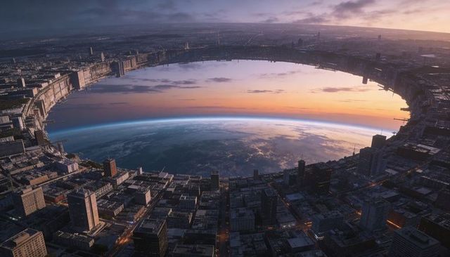 Futuristic ring city revealing planet limb at dusk, aerial panoramic skyline view