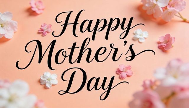 Elegant black calligraphy happy mother's day on peach backdrop with soft pink blossoms