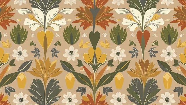 Seamless floral pattern with stylized leaves and blooms on beige