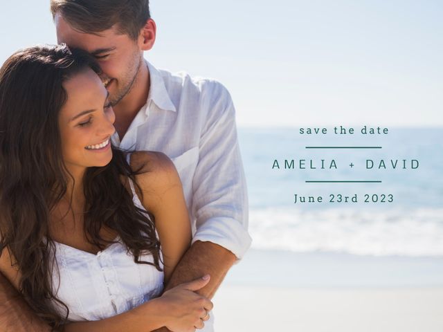 Couple embracing on beach with a Save The Date message overlaid, ideal for wedding invitations, announcements, and romantic engagements promotions. The serene beach setting adds a calming and intimate feel, perfect for personalized wedding planning materials and stationery designs.