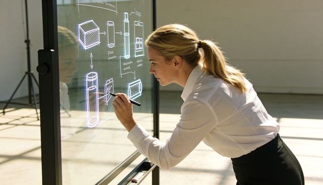 Female product designer sketching packaging concepts on glass board in minimal studio