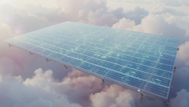 Futuristic solar panel floating amongst clouds