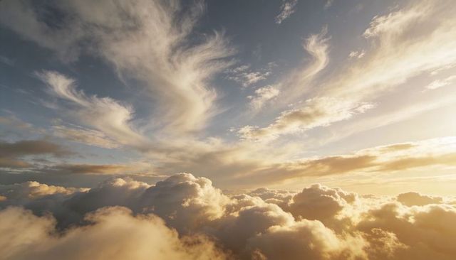 Sunrise illuminating dramatic cumulus banks and swirling cirrus streaks above warm horizon