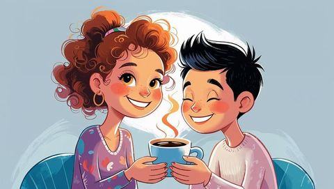 Smiling cute couple sharing a coffee mug in warm artistic illustration