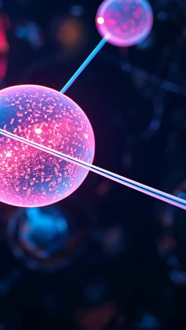 Vertical zooming through glowing nanosphere network revealing pulsing particles magenta cyan