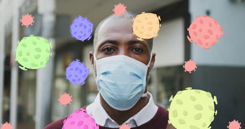 Man Wearing Mask as Protection Against COVID-19 with Floating Virus Particles