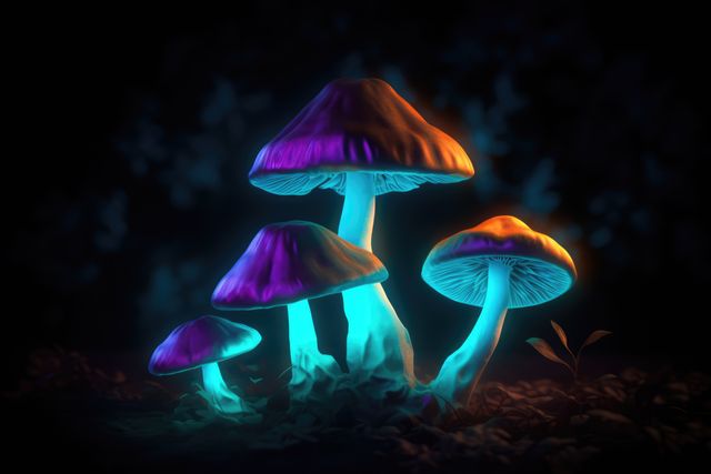 Close up of colorful glowing mushrooms in forest created using generative ai technology - Download Free Stock Photos Pikwizard.com