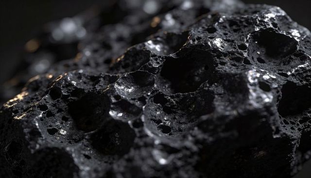 Glossy vesicular basalt close-up showing porous cavities, specular highlights, macro texture