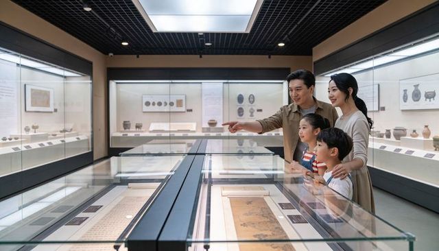 Family exploring museum gallery pointing at ancient scroll display in glass cases educational visit