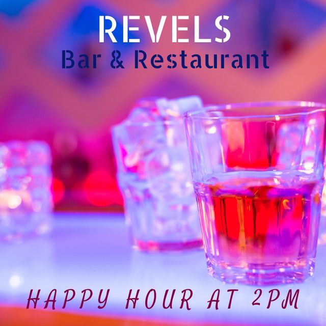 Vivid image showcasing colorful cocktails with promotional text for bar's happy hour at 2 PM. Ideal for advertisements, social media posts, and marketing materials for bars and restaurants aiming to attract customers with happy hour deals. Highlighting vibrant drink presentation and ambient neon lighting creates inviting and festive atmosphere.