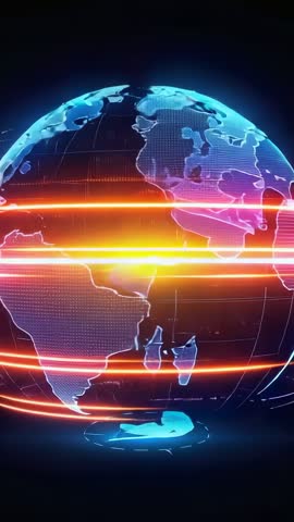 Rotating Neon-Banded Wireframe Globe Loop for Futuristic Tech Vertical Video Background