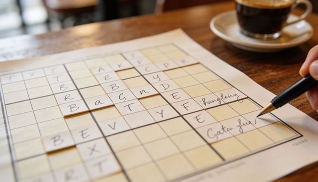 Hand filling crossword-style word puzzle with letter tiles and coffee on wooden table