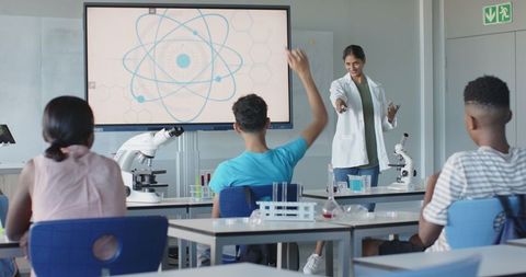Science Educator Presenting to Engaged Students in Classroom