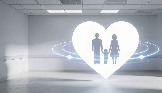 Futuristic glowing heart hologram showing family silhouettes in sterile minimal room care