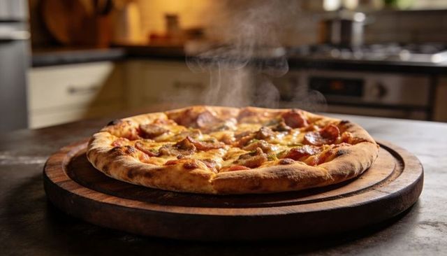 Hot pepperoni sausage pizza resting on wooden board with steam rising