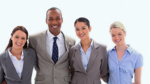 Diverse Business Team Standing Arm in Arm Smiling