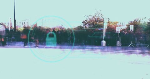 Digital padlock hovers over blurred city walkway