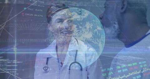 Physicians discussing global health data with holographic analytics visualization