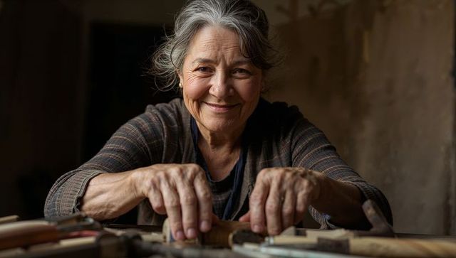 Senior woman woodworker smiling at workbench handling chisels and wooden blanks