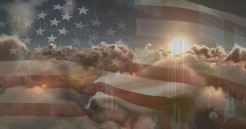 American Flag Overlaid with Clouds and Data Visuals Symbolizing Global Business