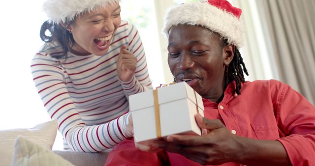 Smiling Couple Exchanging Christmas Gift at Home - Download Free Stock Images Pikwizard.com