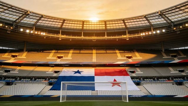 Panama flag draping over stadium stands at sunset behind goal and floodlights
