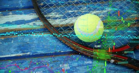 Tennis Equipment with Financial Data Overlay on Rustic Background