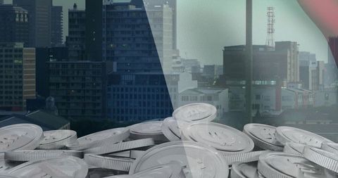 Urban wealth horizon: silver coin pile on rooftop split by glass panel and skyline