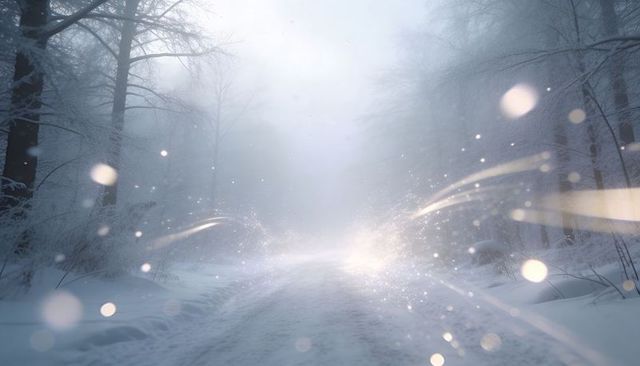 Glowing snow trail receding into misty winter forest with bokeh sparkle and soft light