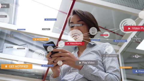 Network Connections Visualization with Businesswoman on Smartphone