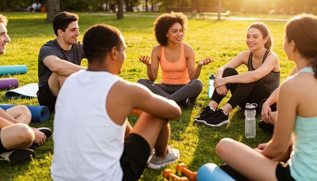Sunlit outdoor group fitness cooldown circle with female leader guiding stretches and talk