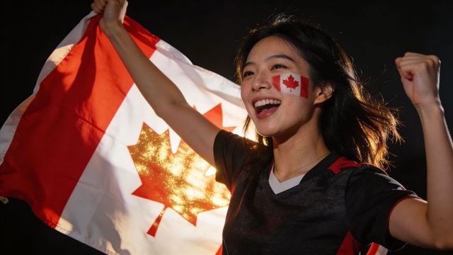 Joyful canadian fan cheering and waving flag with face paint under dramatic backlight