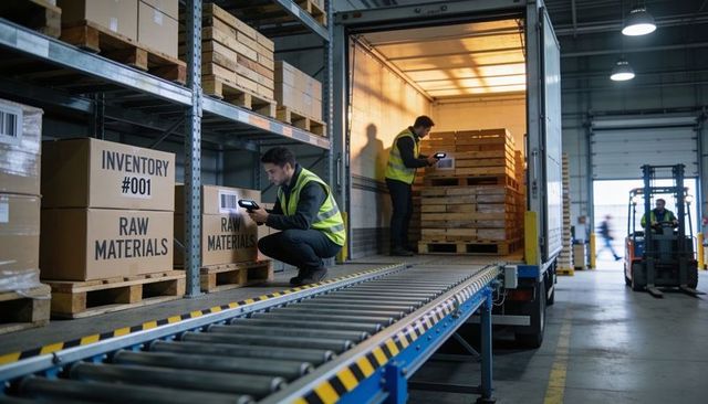 Warehouse team scanning inventory at loading bay with conveyor, forklift, wooden pallets