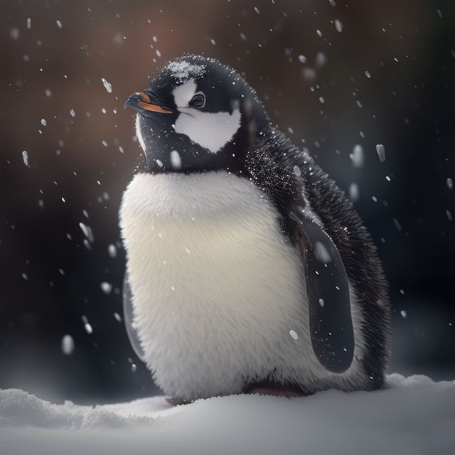 Adorable baby penguin standing in falling snow, fluffing feathers. Ideal for use in winter-themed designs, wildlife conservation promotions, children's book illustrations, holiday cards and educational materials about arctic animals.