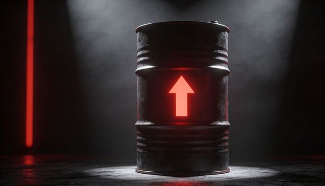 Rusted Steel Drum Emitting Red Upward Arrow Glow under Moody Industrial Spotlight