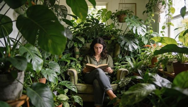 Sunlit woman reading in lush indoor garden nook on vintage green armchair, cozy plant haven